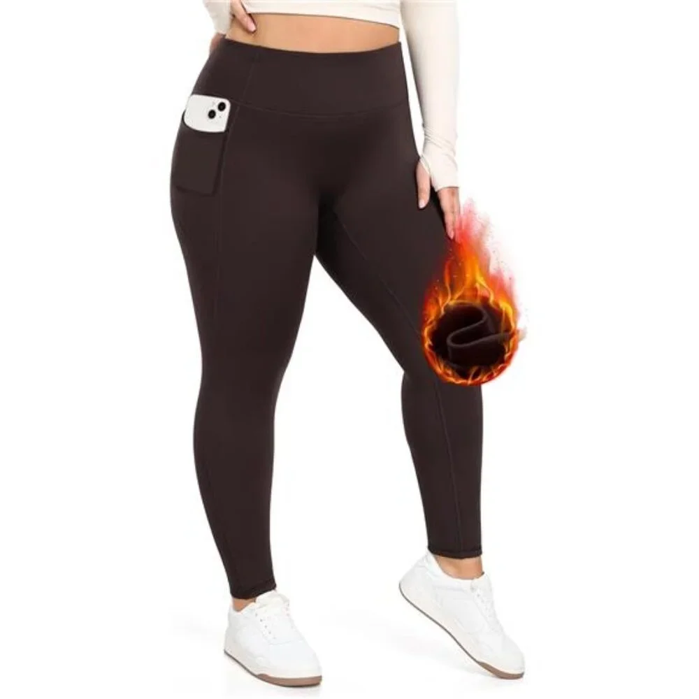 Women's Fleece Lined Plus Size Leggings with Pockets Tummy Control Pants